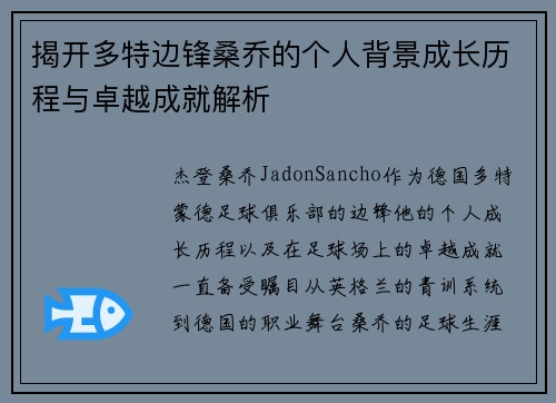 揭开多特边锋桑乔的个人背景成长历程与卓越成就解析