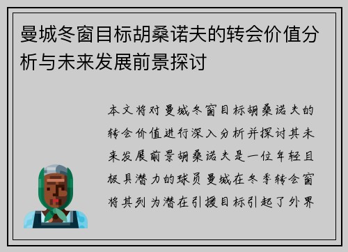 曼城冬窗目标胡桑诺夫的转会价值分析与未来发展前景探讨